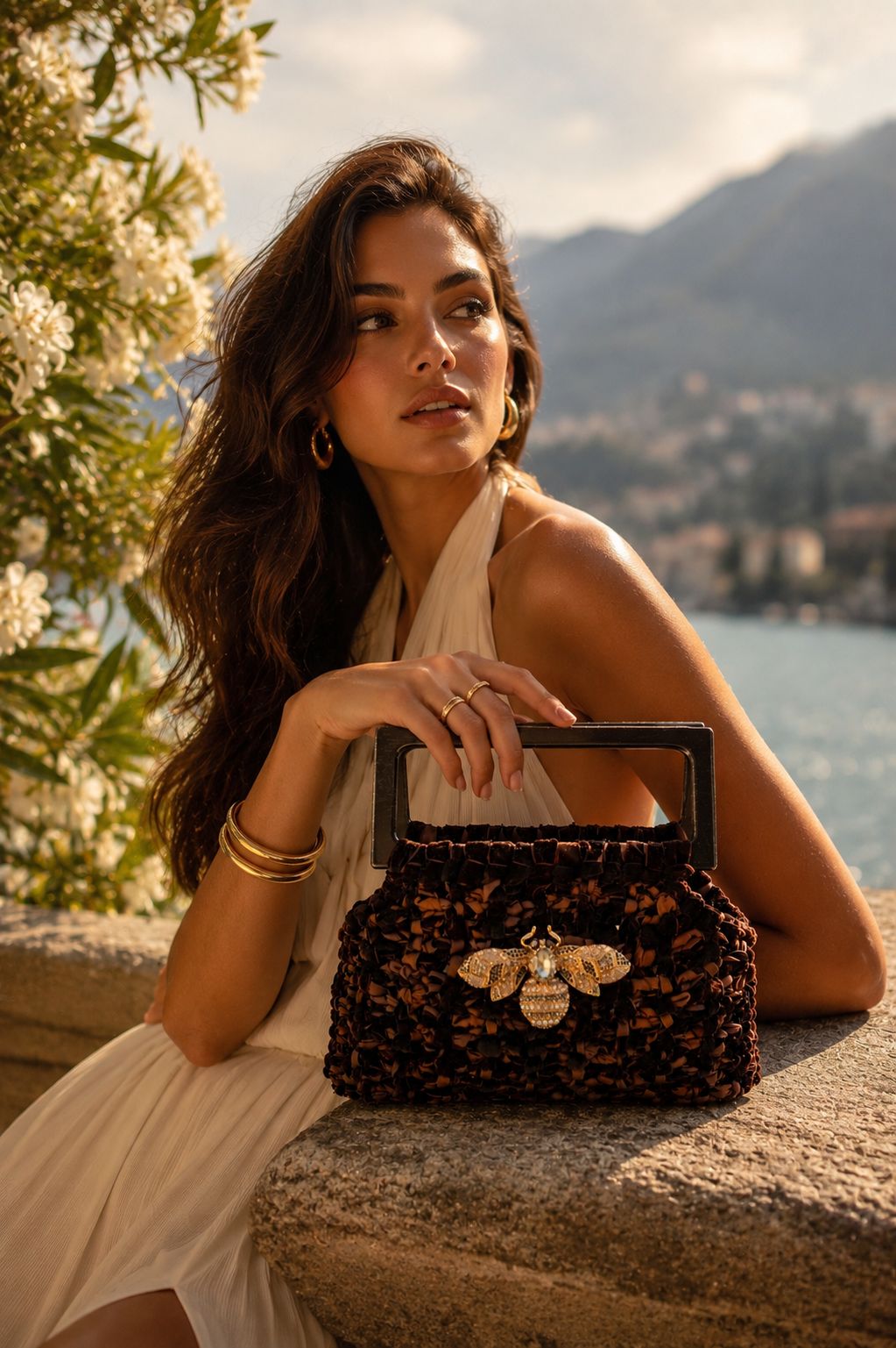 Modelo sosteniendo la Cartera Velvet Lukkbags tejida a mano en terciopelo chocolate con asa rectangular de madera y broche abeja dorado