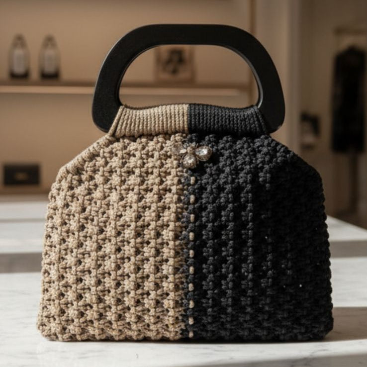 Cartera Nox de Lukkbags tejida a mano en macramé bicolor beige y negro con asa rígida de madera